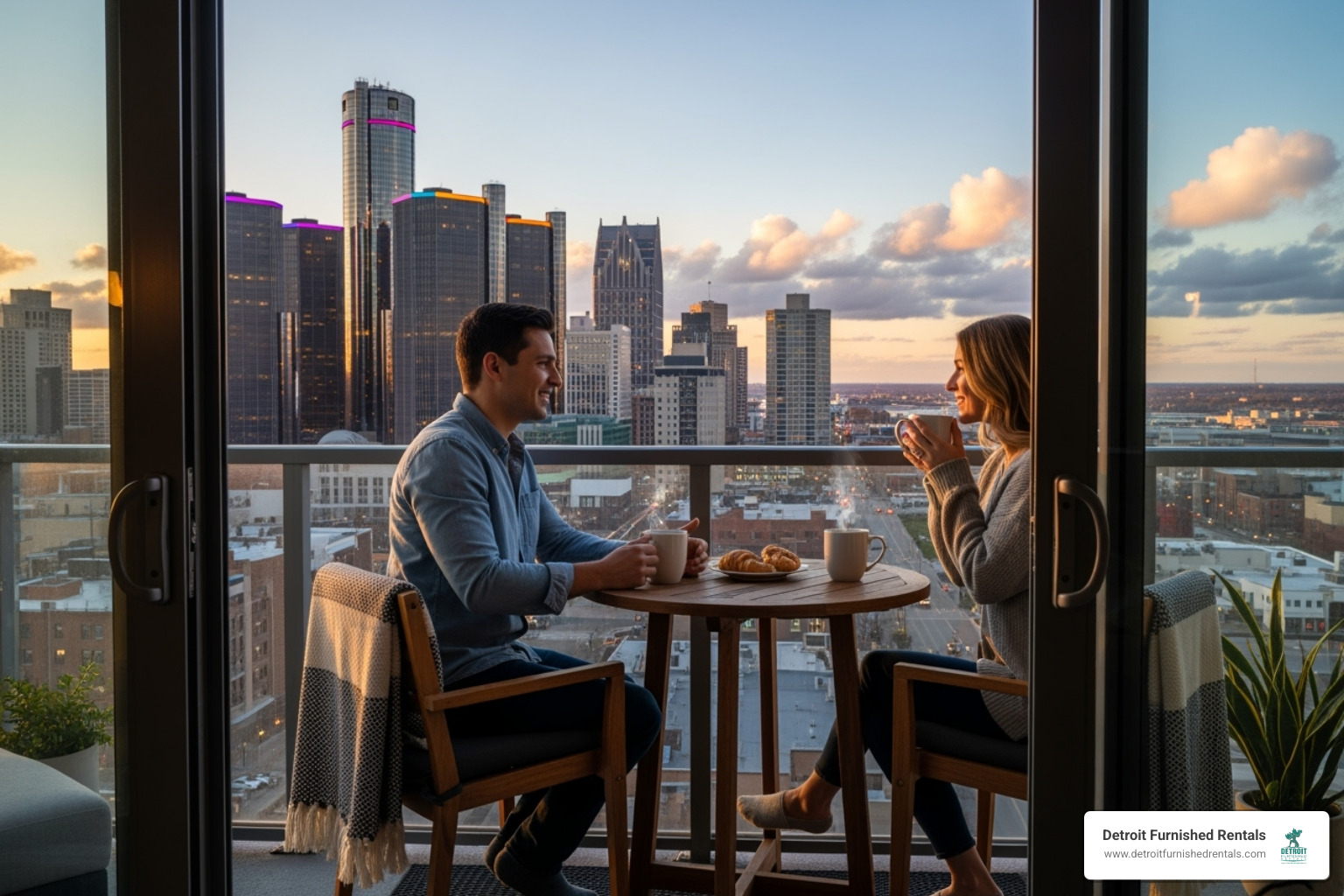 Couple enjoying coffee on the balcony of their furnished Detroit apartment - furnished apartments in detroit mi