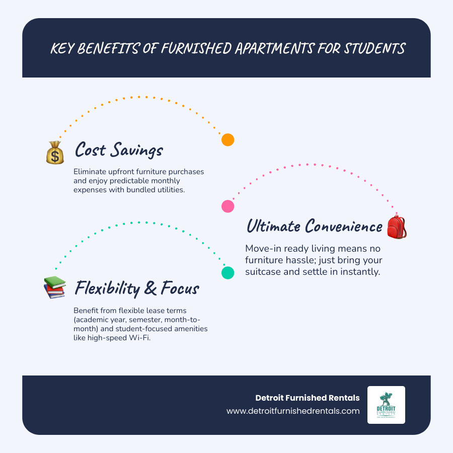 Infographic showing the key benefits of furnished apartments for students: Cost Savings (no furniture purchases, bundled utilities, predictable monthly expenses), Convenience (move-in ready, no furniture shopping, just bring your suitcase), Flexibility (academic year leases, semester terms, month-to-month options), and Student Amenities (study lounges, high-speed Wi-Fi, social spaces, fitness centers) - furnished apartments for students infographic infographic-line-3-steps-blues-accent_colors