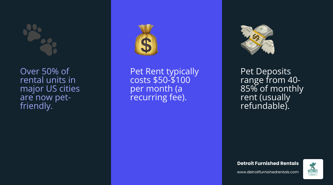 infographic showing the rise in pet ownership rates in the United States from 2015 to 2024, with corresponding increase in percentage of pet-friendly rental properties in major cities like Chicago, Los Angeles, San Francisco, and Detroit, including statistics on average pet deposits and monthly pet rent costs - Pet friendly apartment search infographic 3_facts_emoji_blue