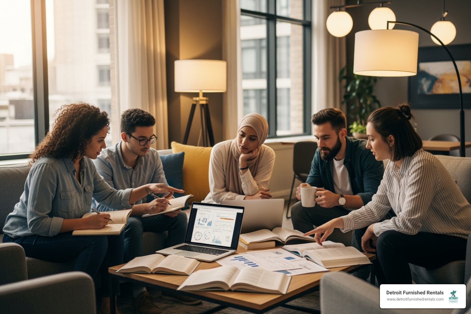 Image of a diverse group of graduate students collaborating in a modern apartment common area - furnished apartments for students