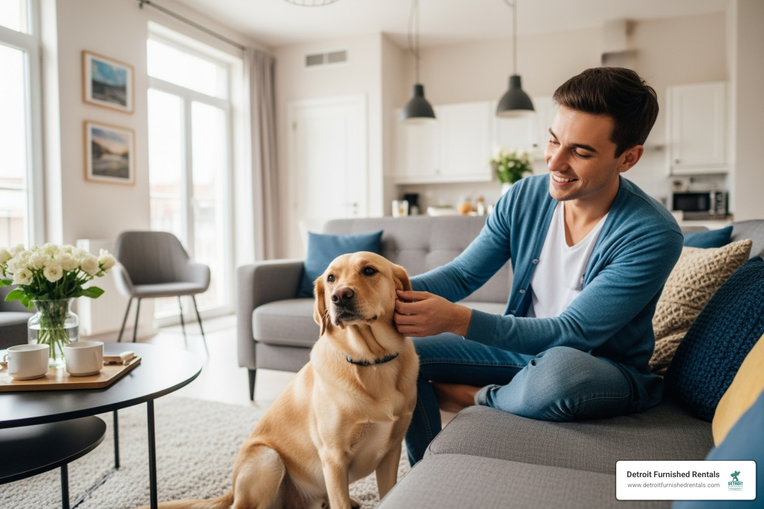 happy person with dog in modern furnished apartment - Pet friendly apartment search