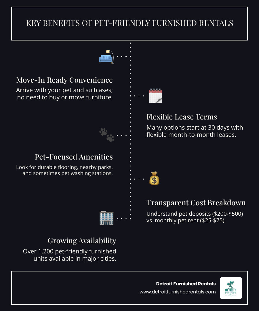 Infographic showing the key benefits of pet-friendly furnished rentals: move-in ready convenience with no furniture needed, flexible lease terms starting at 30 days, pet amenities like nearby parks and washing stations, cost breakdown comparing pet deposits versus monthly pet rent, and statistics showing over 1,200 pet-friendly furnished units available in major cities - Pet friendly furnished rentals infographic infographic-line-5-steps-dark