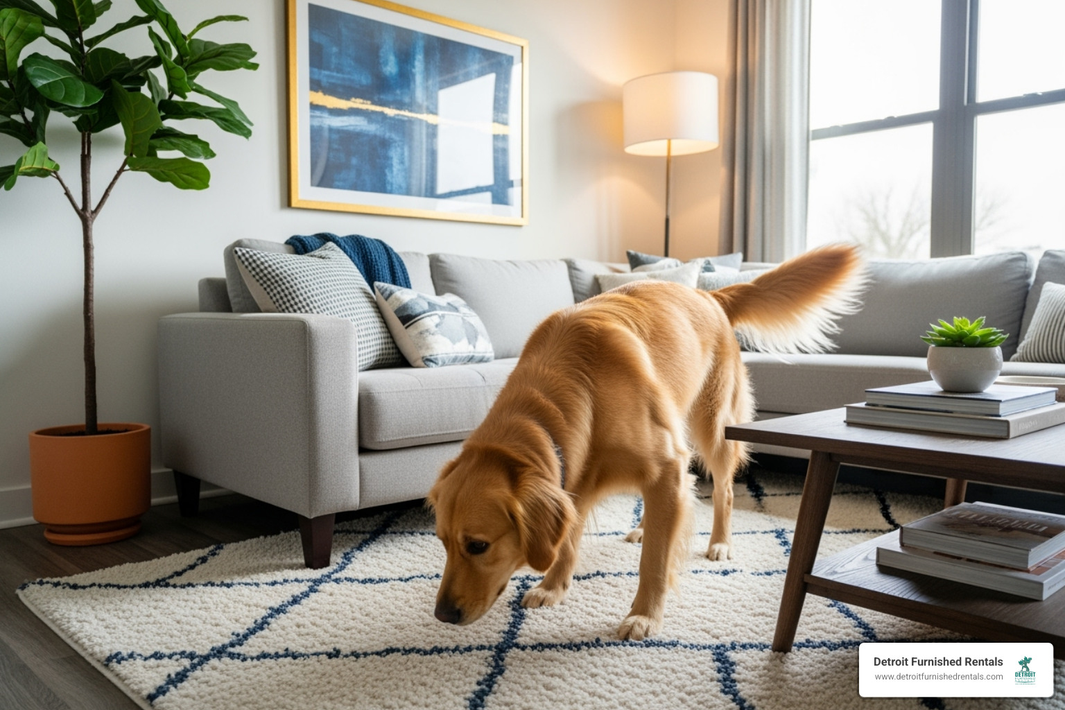 A happy dog comfortably sniffing around a new, stylish, furnished apartment, exploring its surroundings - Pet friendly furnished rentals