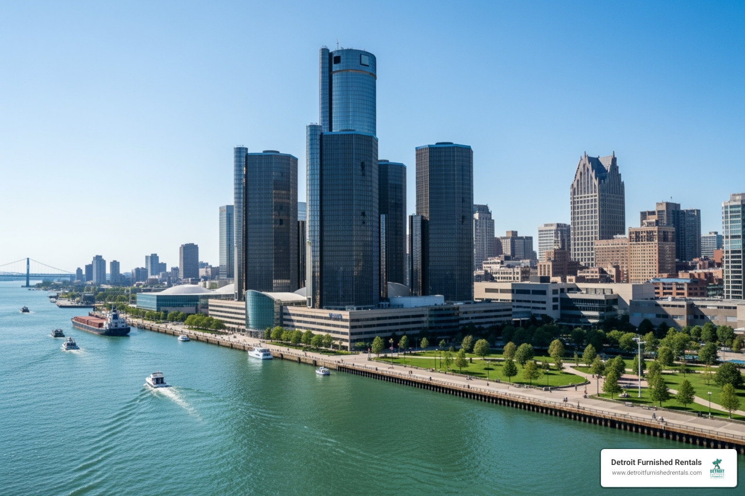 detroit riverfront with GM Renaissance Center - corporate housing detroit michigan