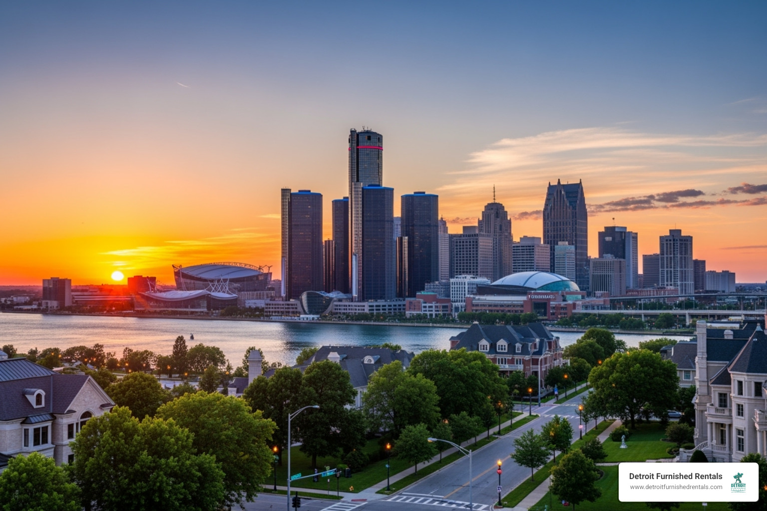Detroit skyline at sunset from a desirable neighborhood - travel nurse housing detroit