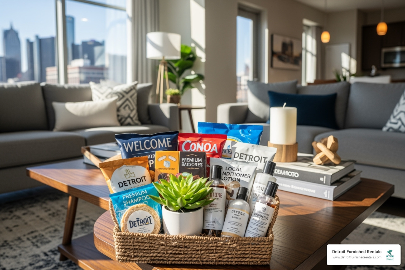Welcome basket in a furnished Detroit apartment - travel nurse housing detroit