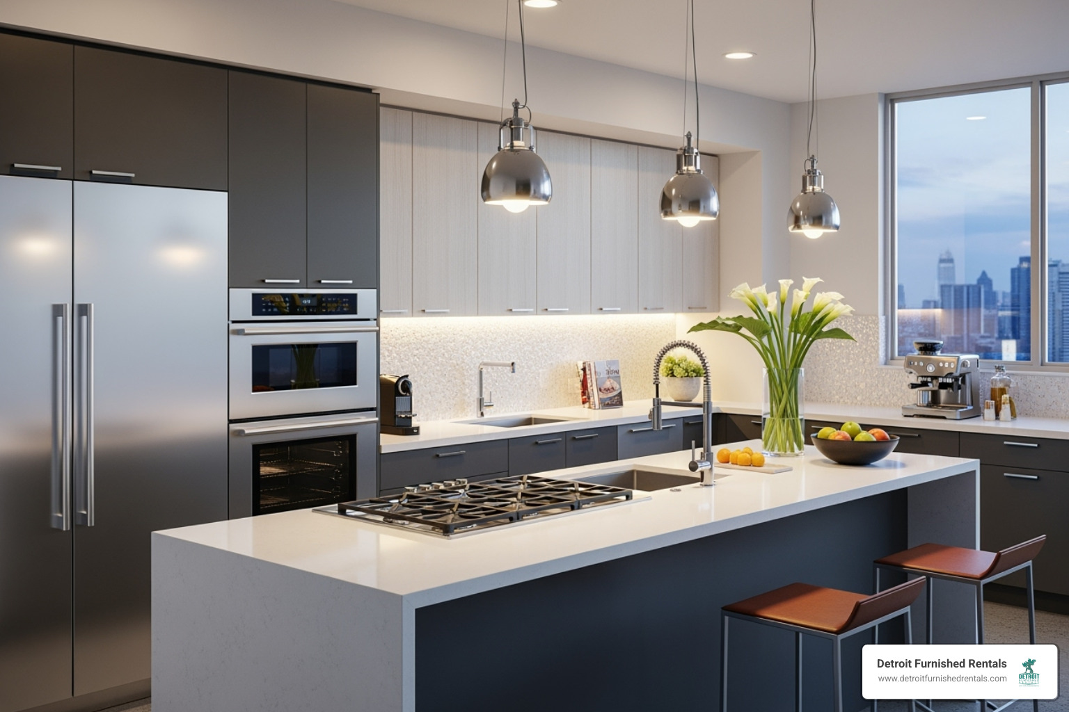 A high-end, stylish kitchen in a furnished rental - fully equipped kitchen rentals