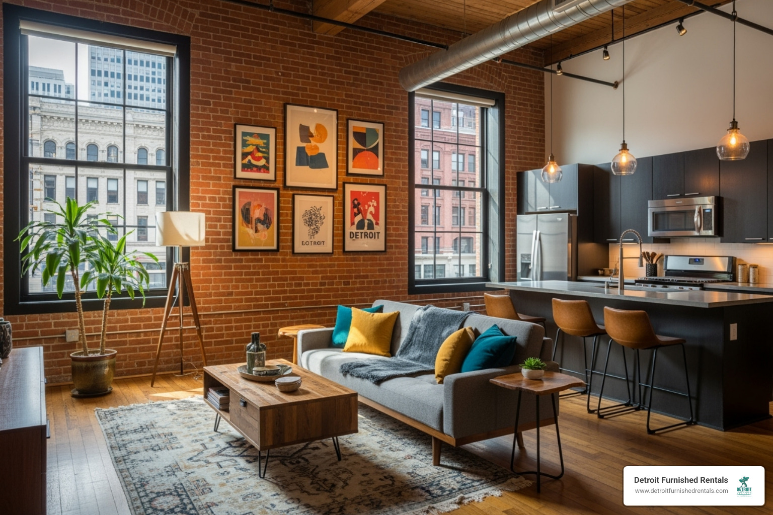 Stylish Detroit loft apartment with exposed brick and large windows - apartments in metro detroit area