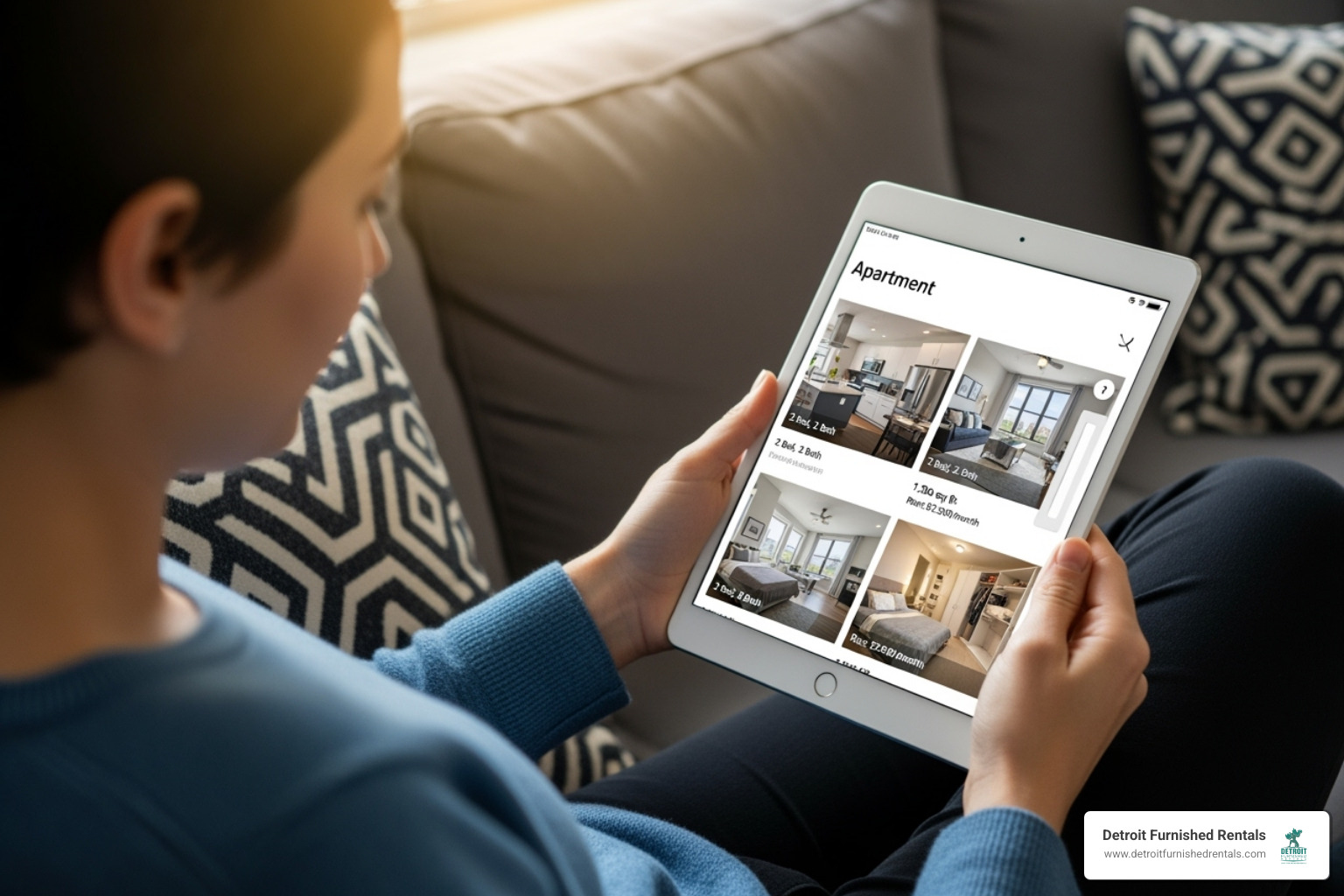 person using a tablet to browse apartment listings online - apartments for 3 months lease person using a tablet to browse apartment listings online - apartments for 3 months lease