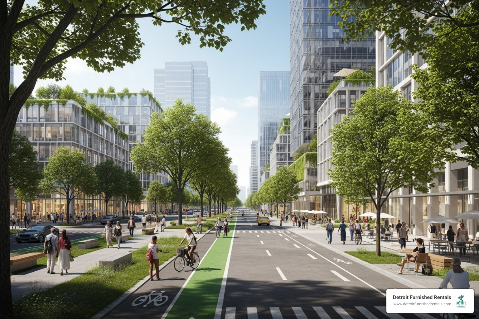 A revitalized CBD with green spaces, bike lanes, and mixed-use buildings, showcasing sustainable urban planning - Central business district
