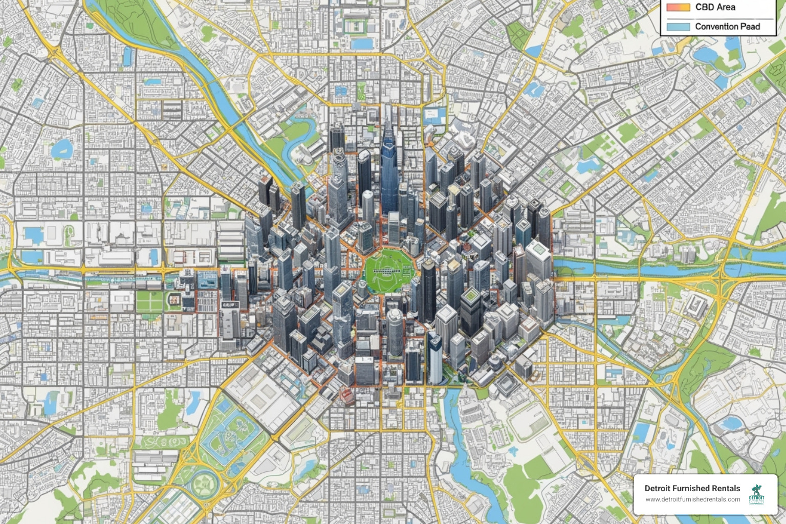 A map highlighting a city's Central Business District boundaries with surrounding neighborhoods faded - Central business district