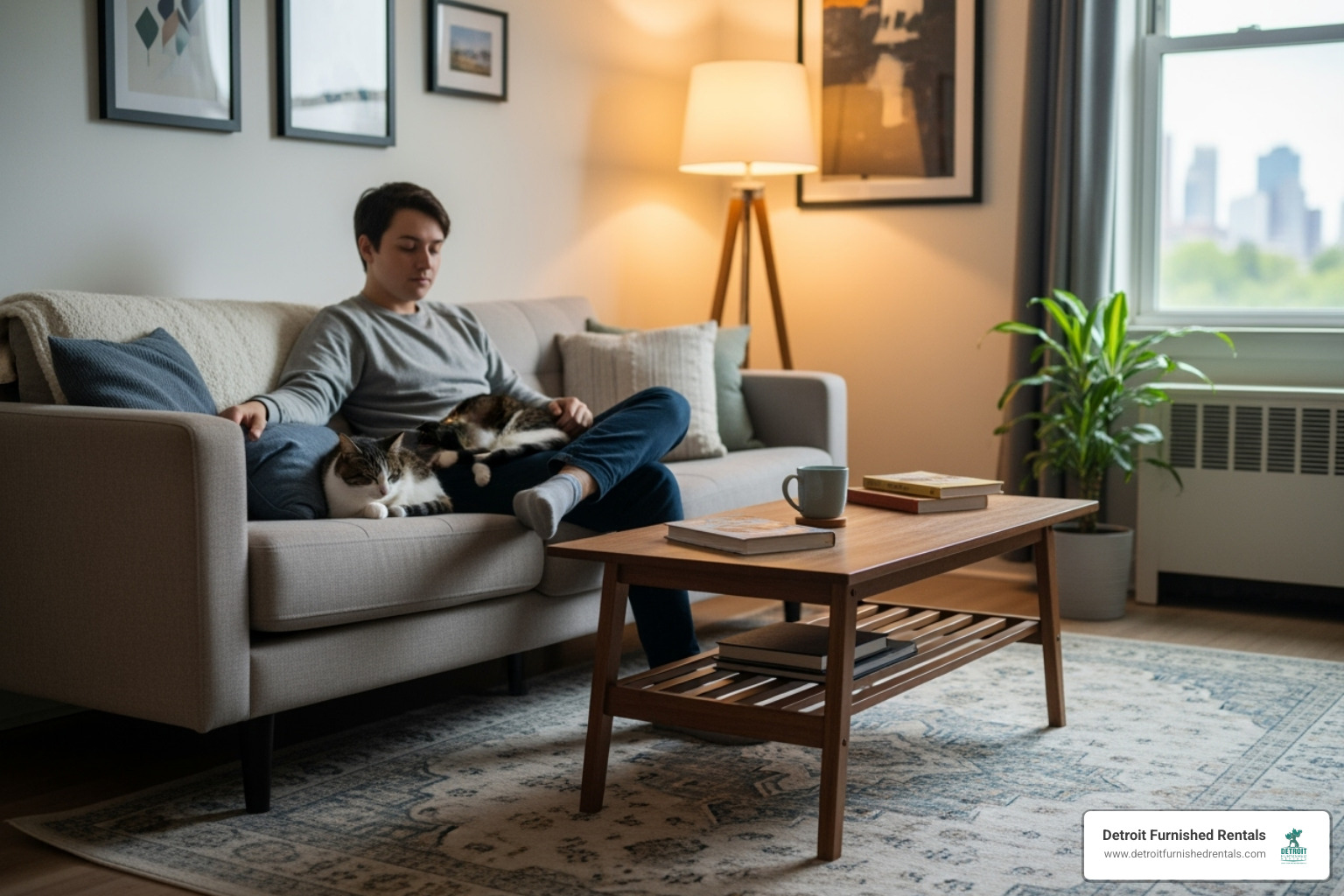 person relaxing with cat in furnished rental - Furnished pet friendly rentals