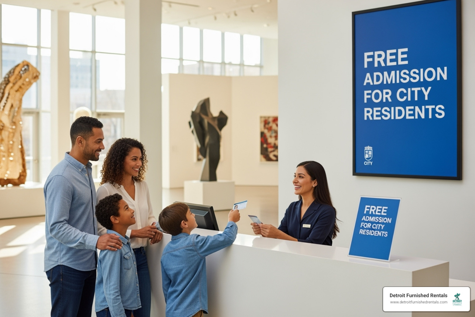 A family happily showing their ID at the DIA front desk, ready to enjoy free admission. - detroit art museum cost