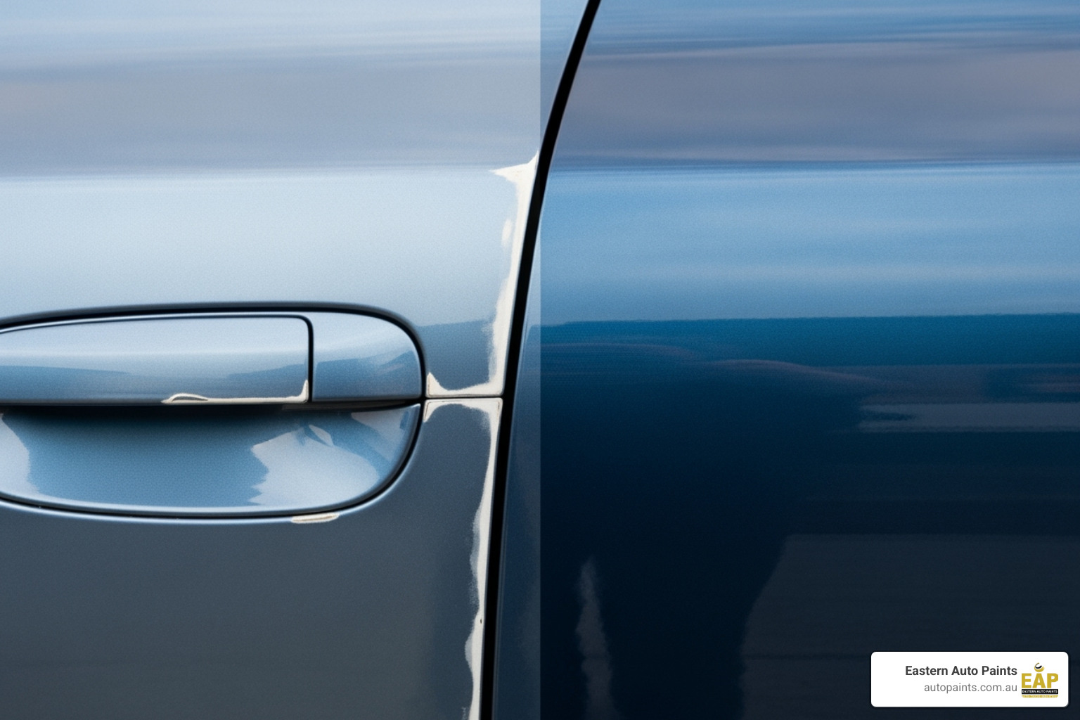 Image comparing a poorly matched paint repair (left) with a perfectly blended one (right) - car colour match service