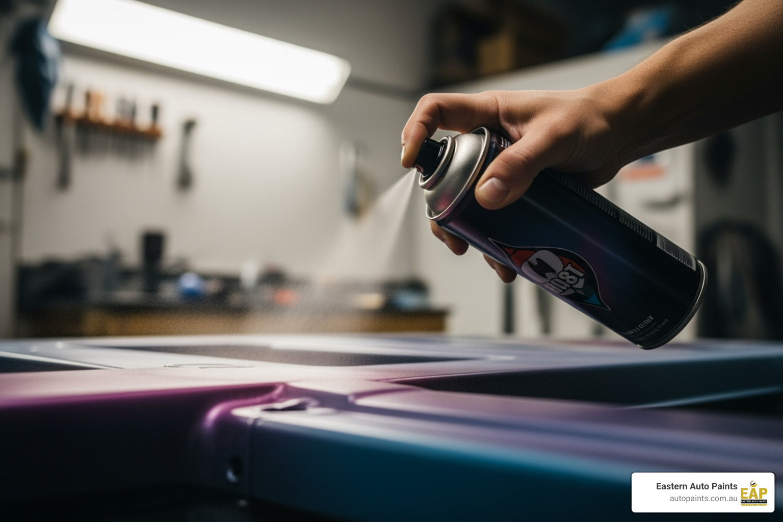 Person using a custom aerosol spray to evenly coat a car part with smooth, colourful paint in a workshop Person using a custom aerosol spray to evenly coat a car part with smooth, colourful paint in a workshop