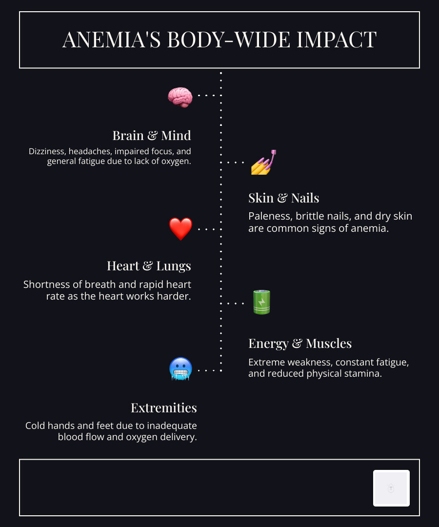 explaining how anemia affects the body from head to toe - anemic definition infographic infographic-line-5-steps-dark