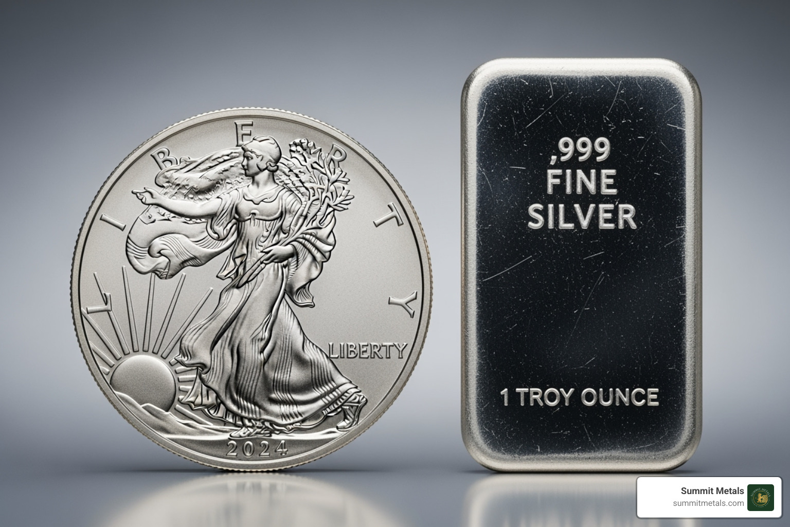 American Eagle coin next to a fine silver bar - silver buy price American Eagle coin next to a fine silver bar - silver buy price