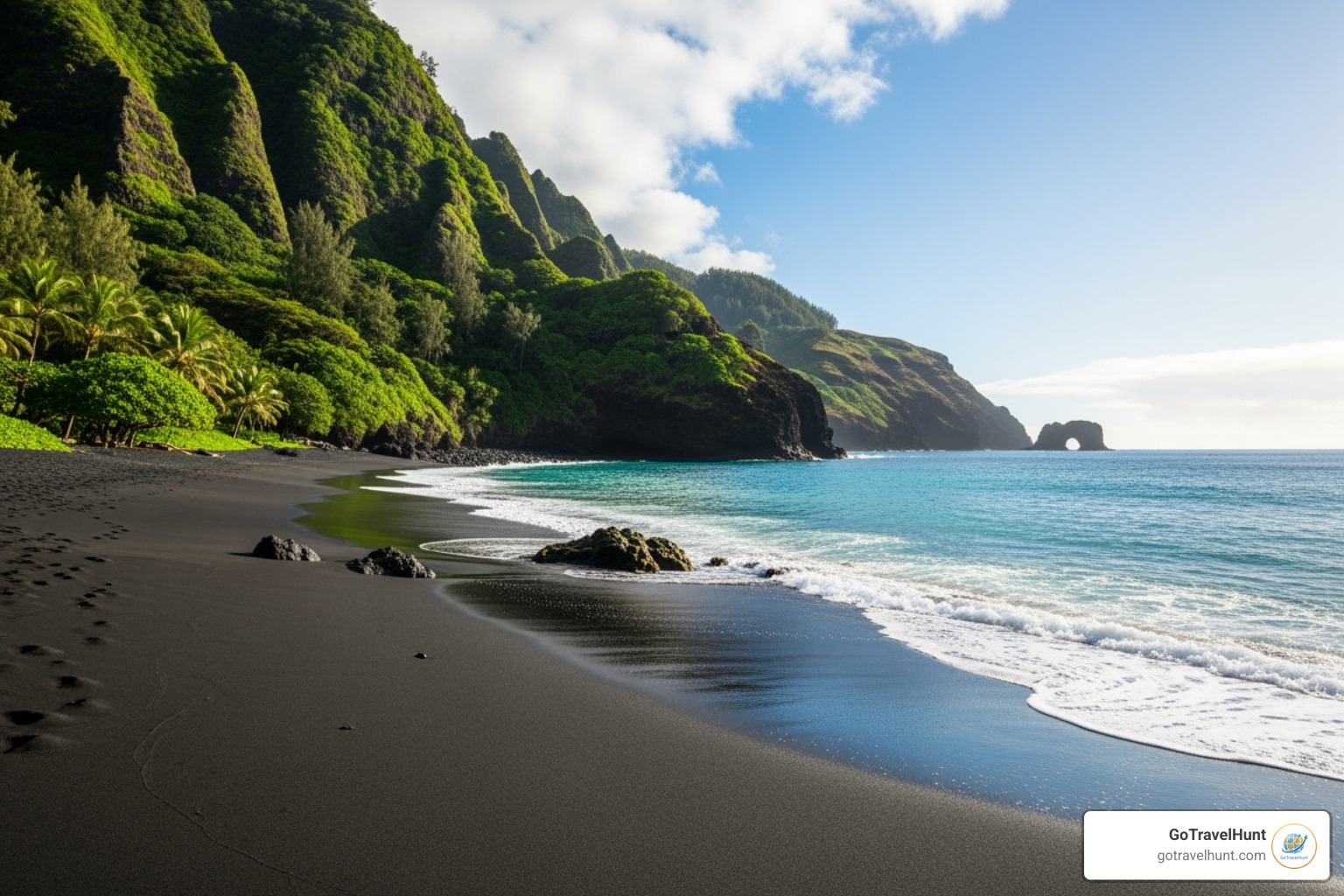 Image of Waiʻānapanapa State Park's black sand beach with lush green cliffs and turquoise water - road to hana stops