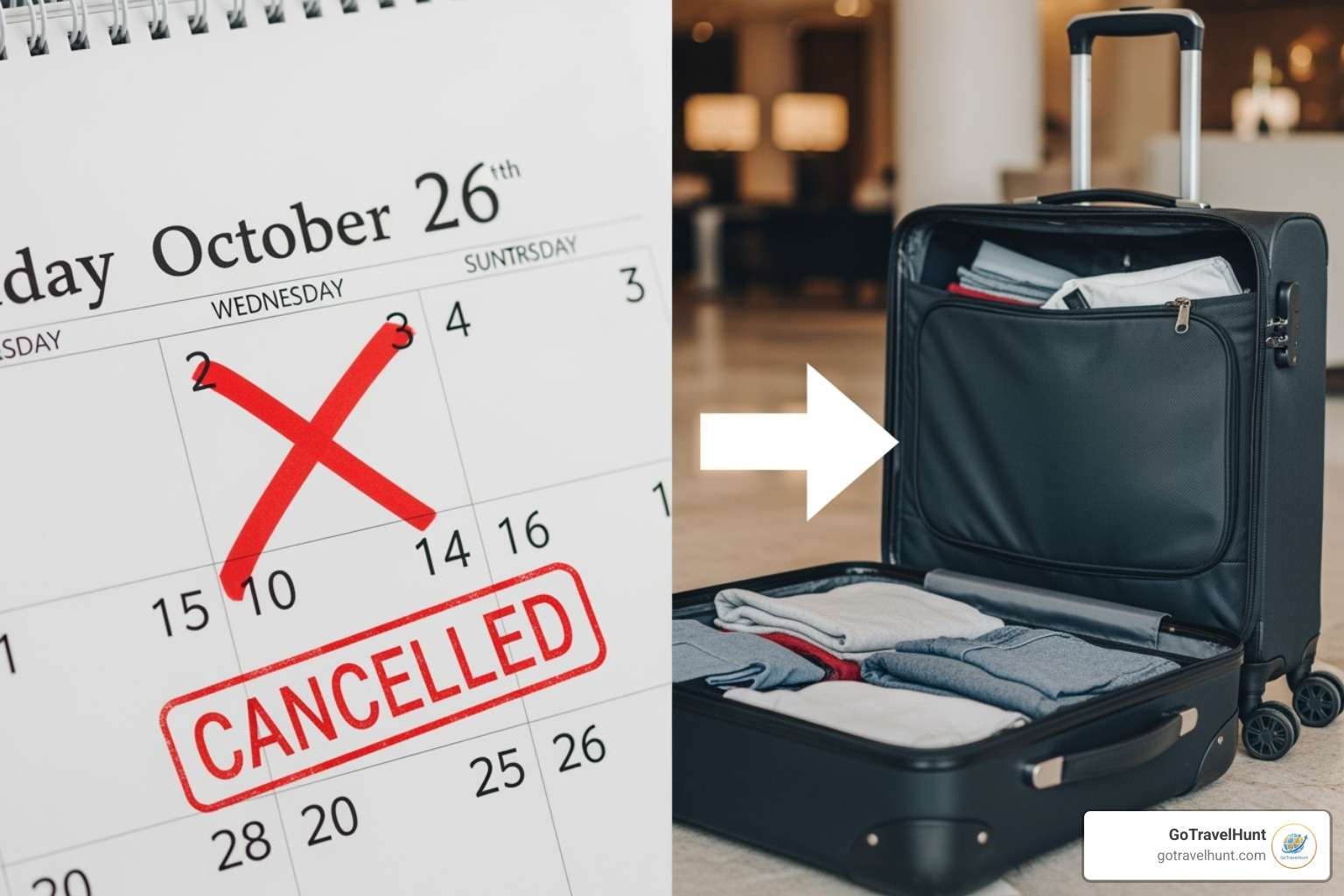 split screen showing a calendar with a crossed-out date (cancellation) and a suitcase with a return arrow (interruption) - travel cancellation insurance