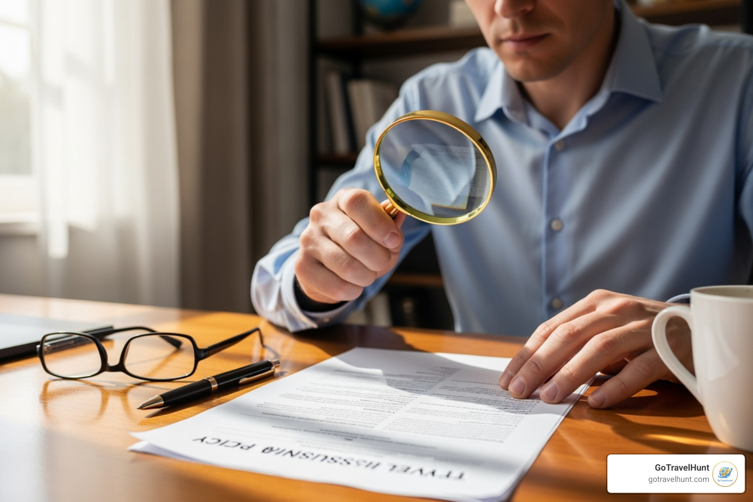 person reading travel insurance policy with magnifying glass - cheap travel insurance ireland person reading travel insurance policy with magnifying glass - cheap travel insurance ireland