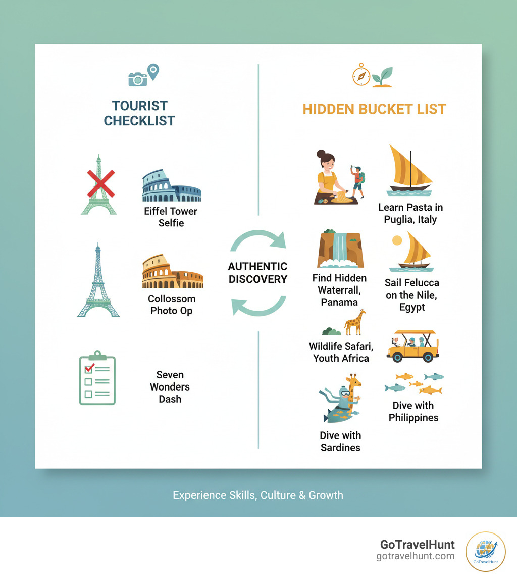 infographic comparing tourist checklist versus hidden bucket list experiences - hidden bucket list ideas infographic  infographic comparing tourist checklist versus hidden bucket list experiences - hidden bucket list ideas infographic