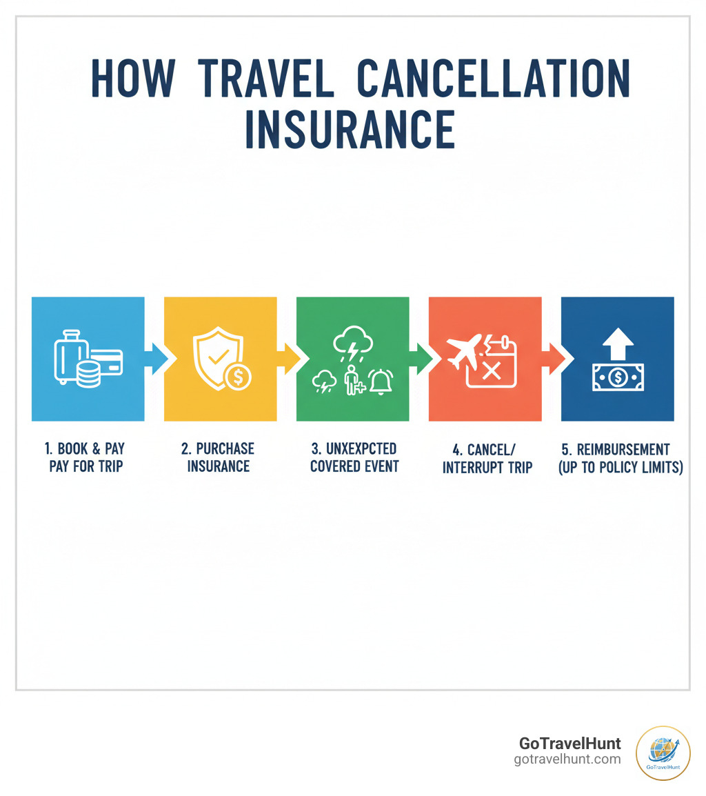 Infographic showing how travel cancellation insurance works: You book and pay for your trip → You purchase travel cancellation insurance → An unexpected covered event occurs (illness, weather, emergency) → You cancel or interrupt your trip → Insurance reimburses your non-refundable costs up to policy limits - travel cancellation insurance infographic 