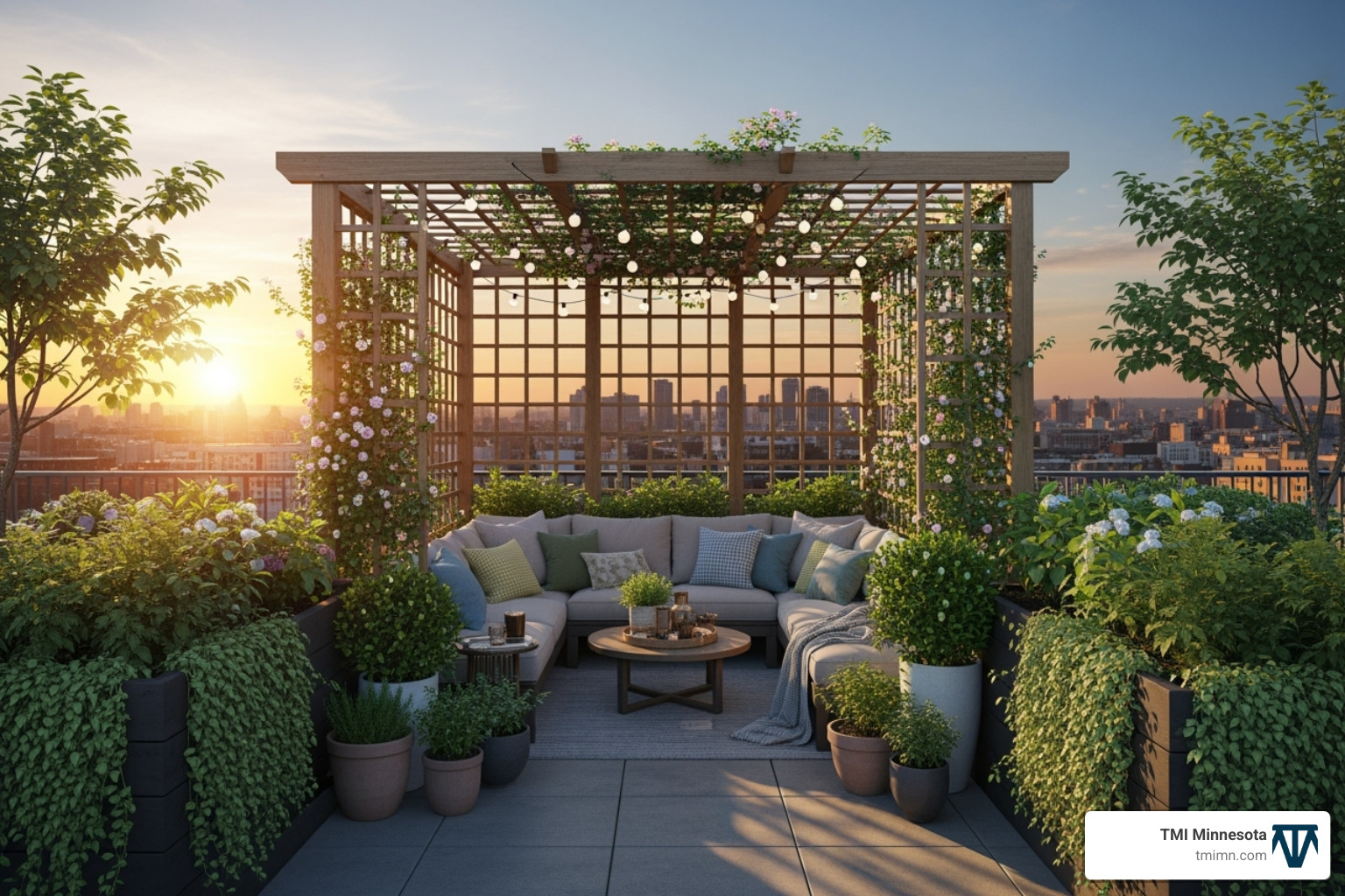 Rooftop trellis creating a private seating nook with lush greenery - rooftop trellis
