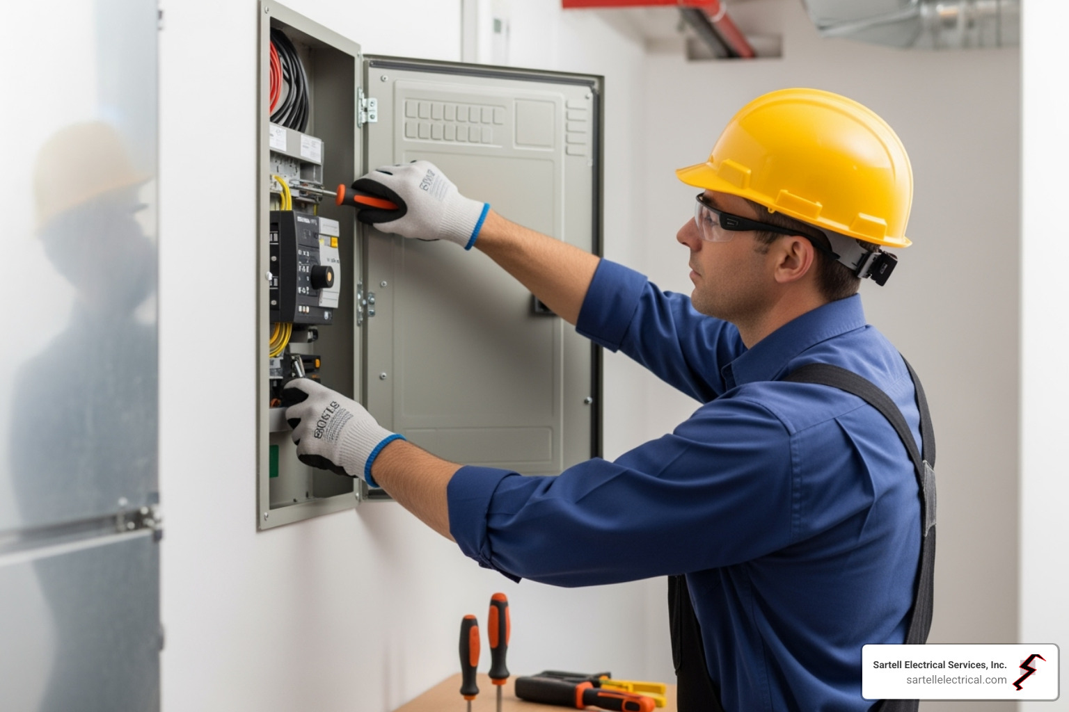 A licensed electrician carefully working on a main service panel, highlighting professionalism and safety. - Electrical service upgrades