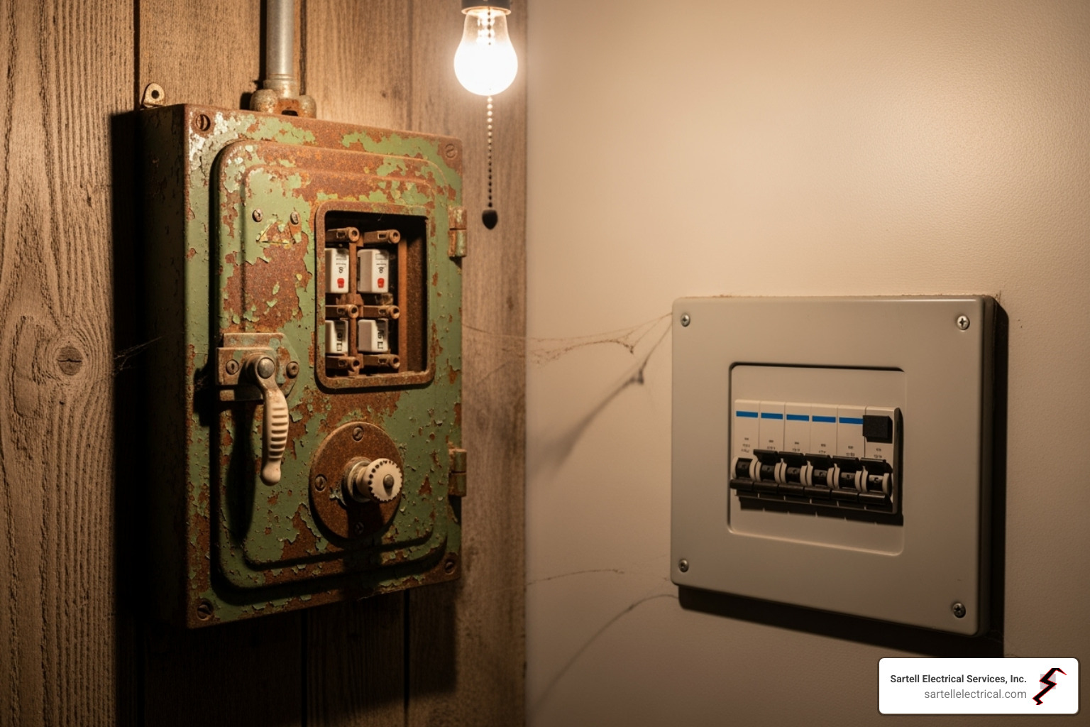 An old, rusty fuse box next to a modern circuit breaker panel, illustrating the dramatic change and improvement in electrical safety and capacity. - Electrical service upgrades An old, rusty fuse box next to a modern circuit breaker panel, illustrating the dramatic change and improvement in electrical safety and capacity. - Electrical service upgrades