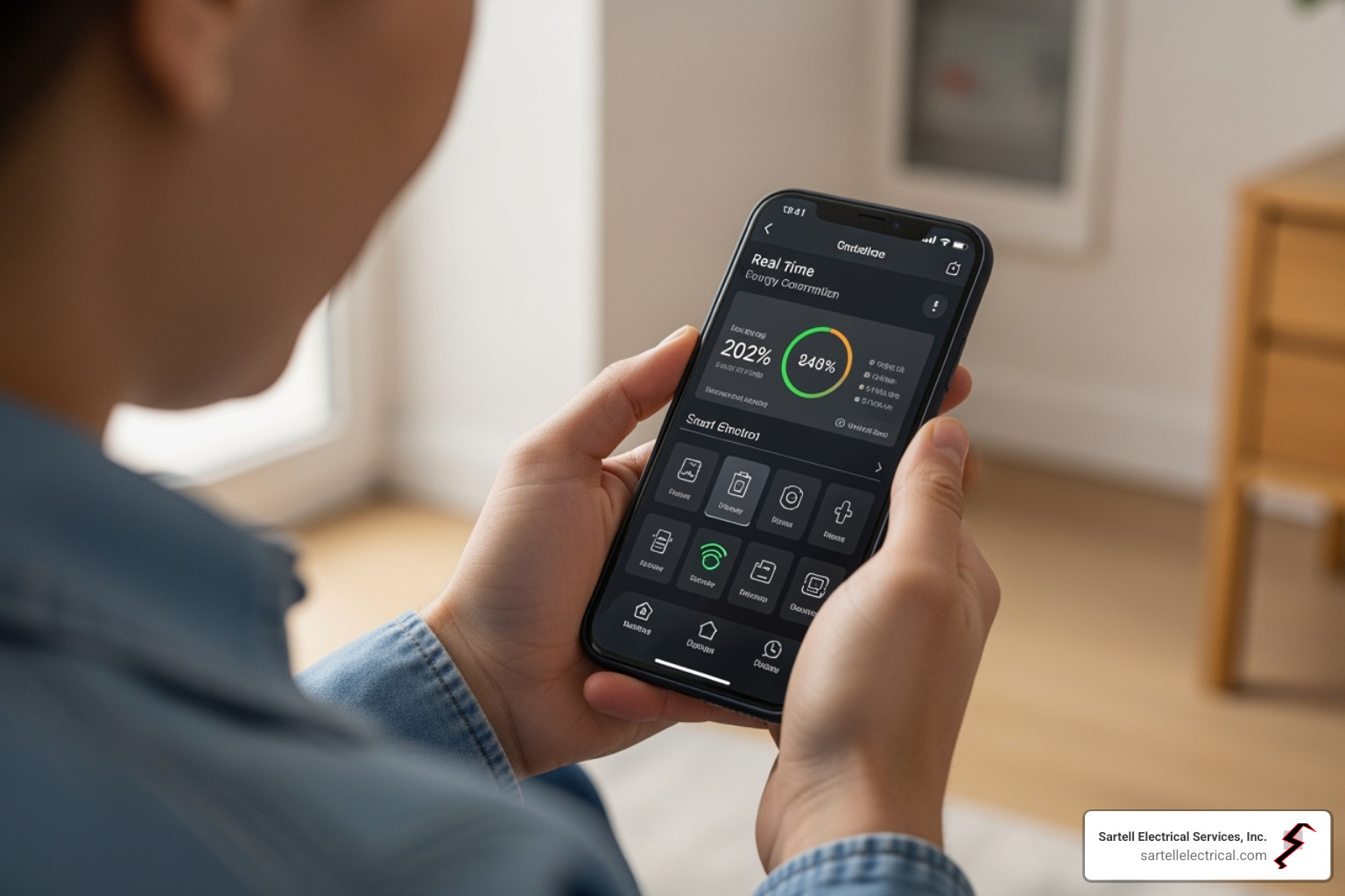 A homeowner using a smartphone app to monitor their smart electrical panel, showing real-time energy usage and control options. - Electrical service upgrades