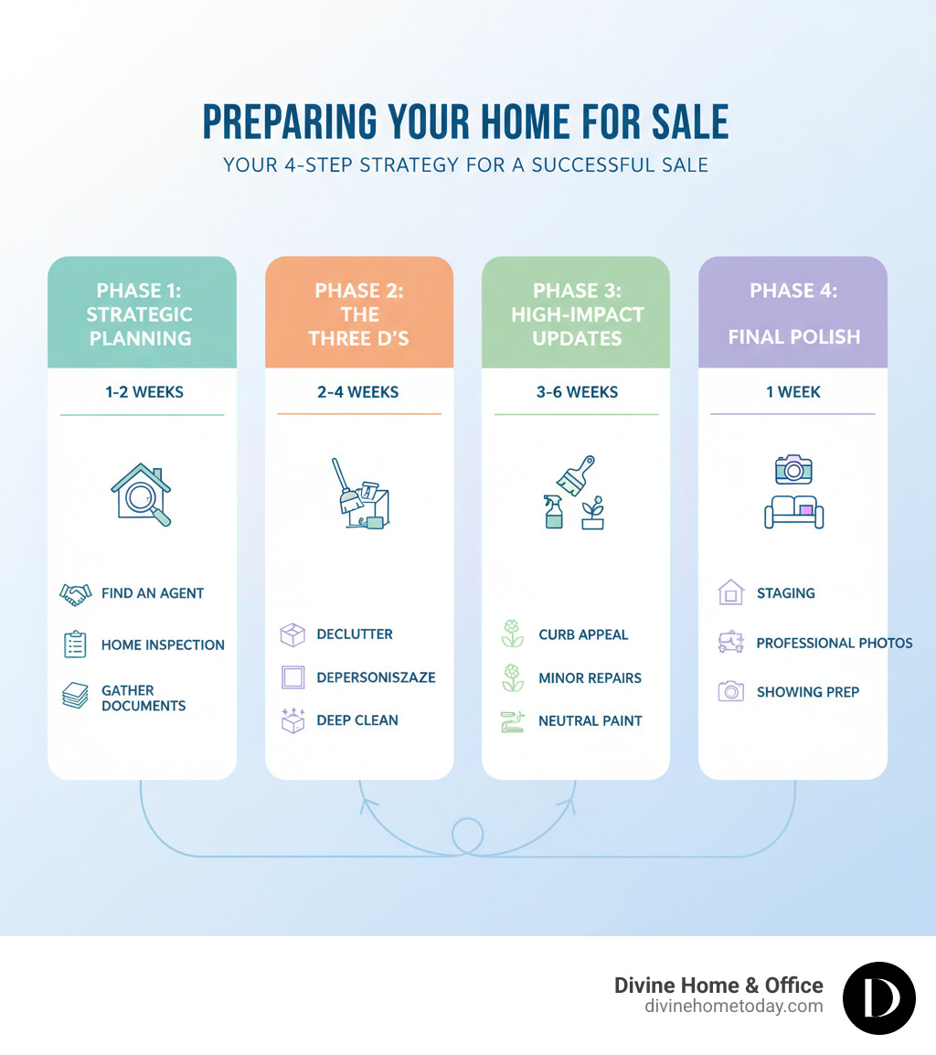 Infographic showing the 4 key phases of preparing a house for sale: Phase 1 - Strategic Planning & Initial Steps (find an agent, home inspection, gather documents), Phase 2 - The Three D's (declutter, depersonalize, deep clean), Phase 3 - High-Impact Updates (curb appeal, minor repairs, neutral paint), and Phase 4 - Final Polish (staging, professional photos, showing preparation). Each phase includes estimated timeframes and key tasks. - Prepare house for sale infographic 