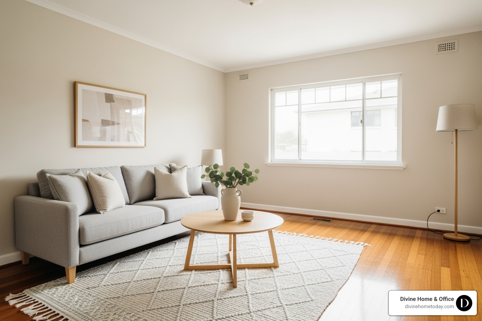 a freshly painted, neutral-colored living room - Prepare house for sale