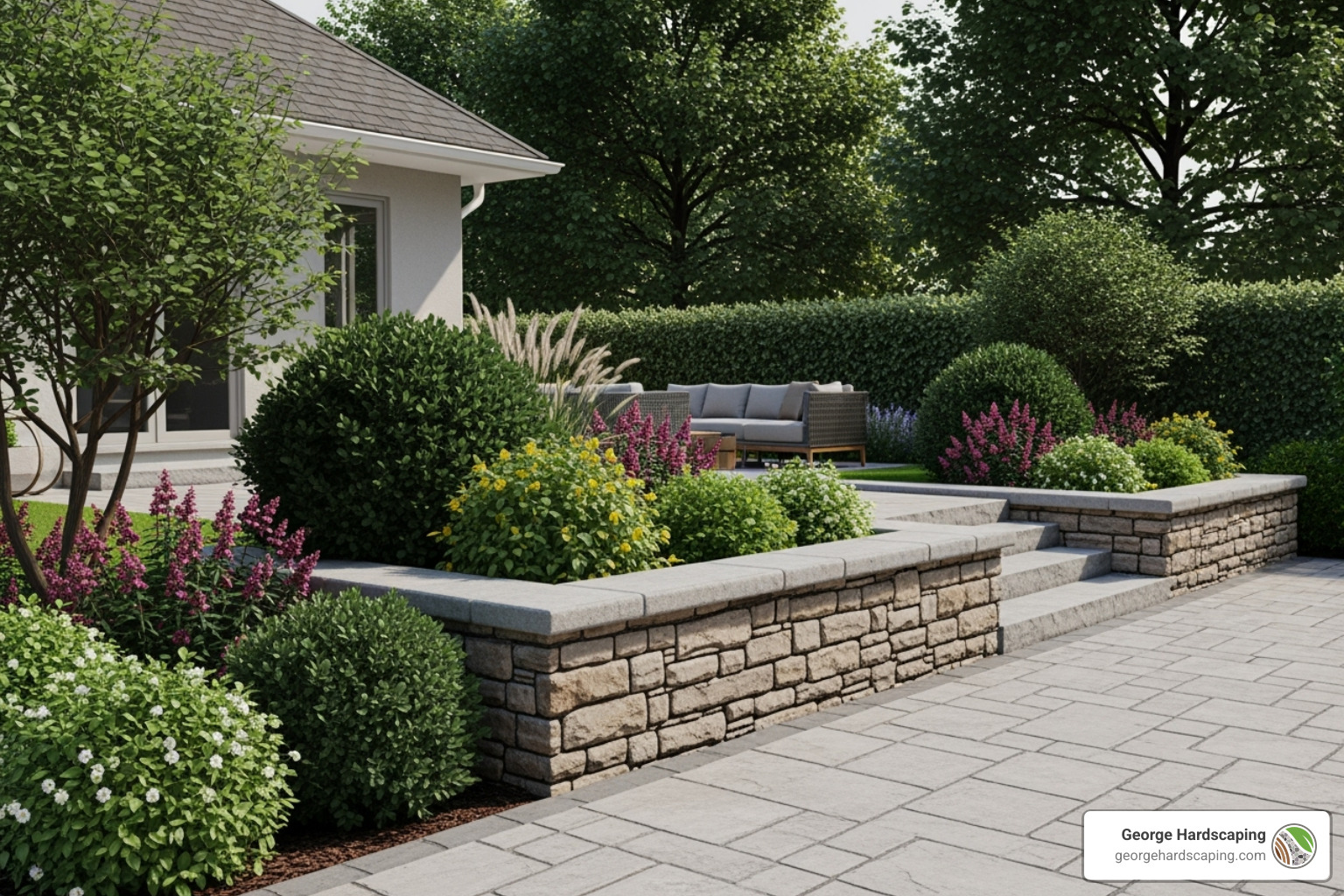 3D rendering of a backyard landscape design with a patio, retaining wall, and planting beds - landscape design landscape construction