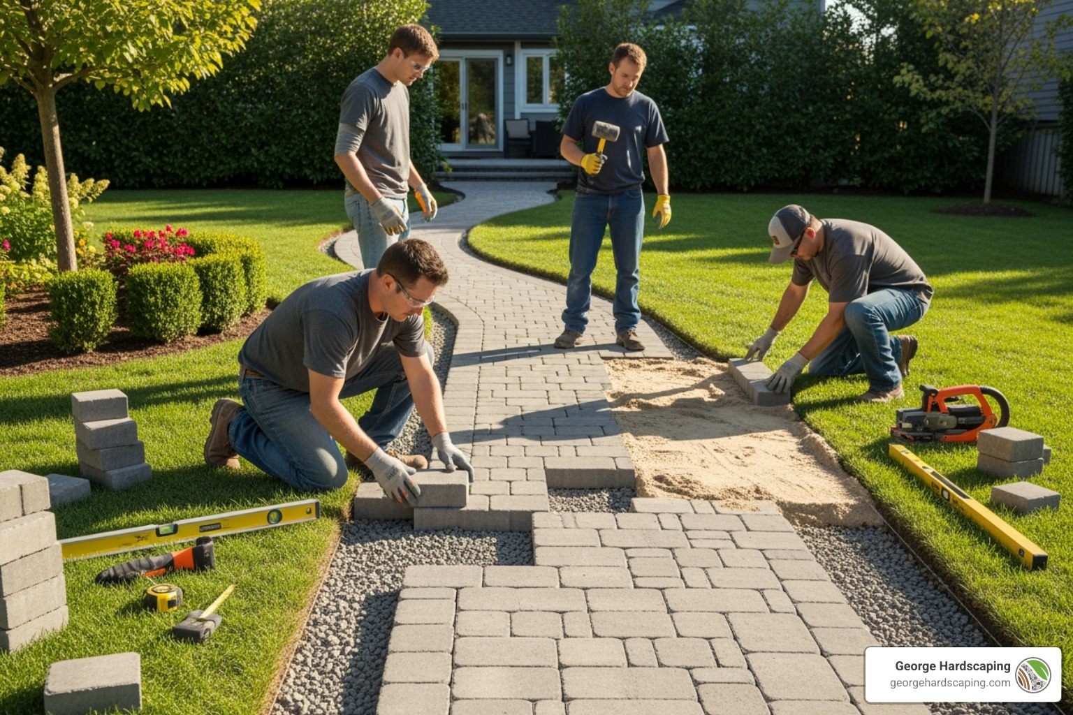 Professional landscapers installing a paver walkway on a prepared base - landscape design landscape construction