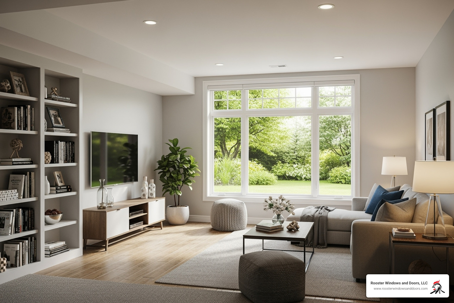 A bright, modern finished basement with a large, inviting egress window, showcasing increased natural light and livability. - egress window installation companies