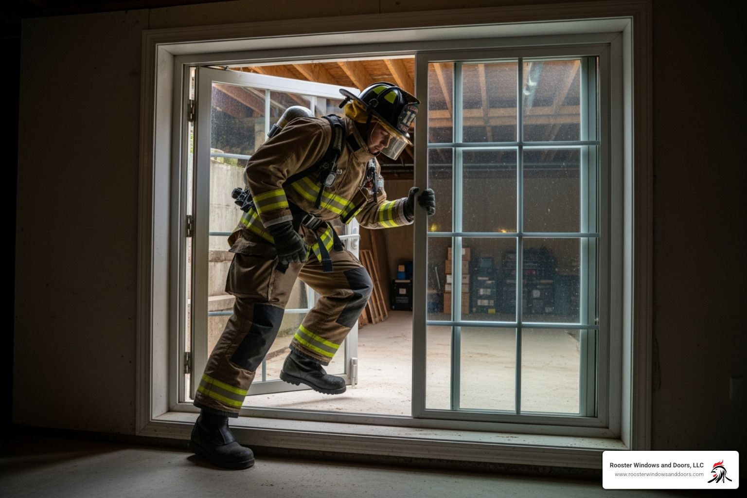 A firefighter easily accessing a basement through a large, open egress window, demonstrating its safety purpose. - egress window installation companies