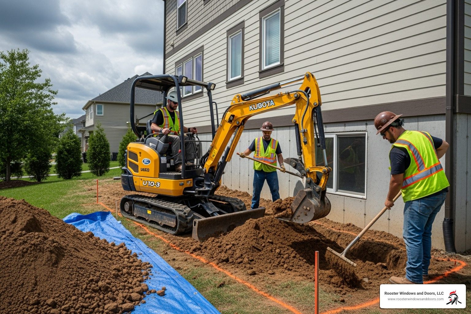 A professional crew using an excavator to dig a window well next to a home's foundation. - egress window installation companies