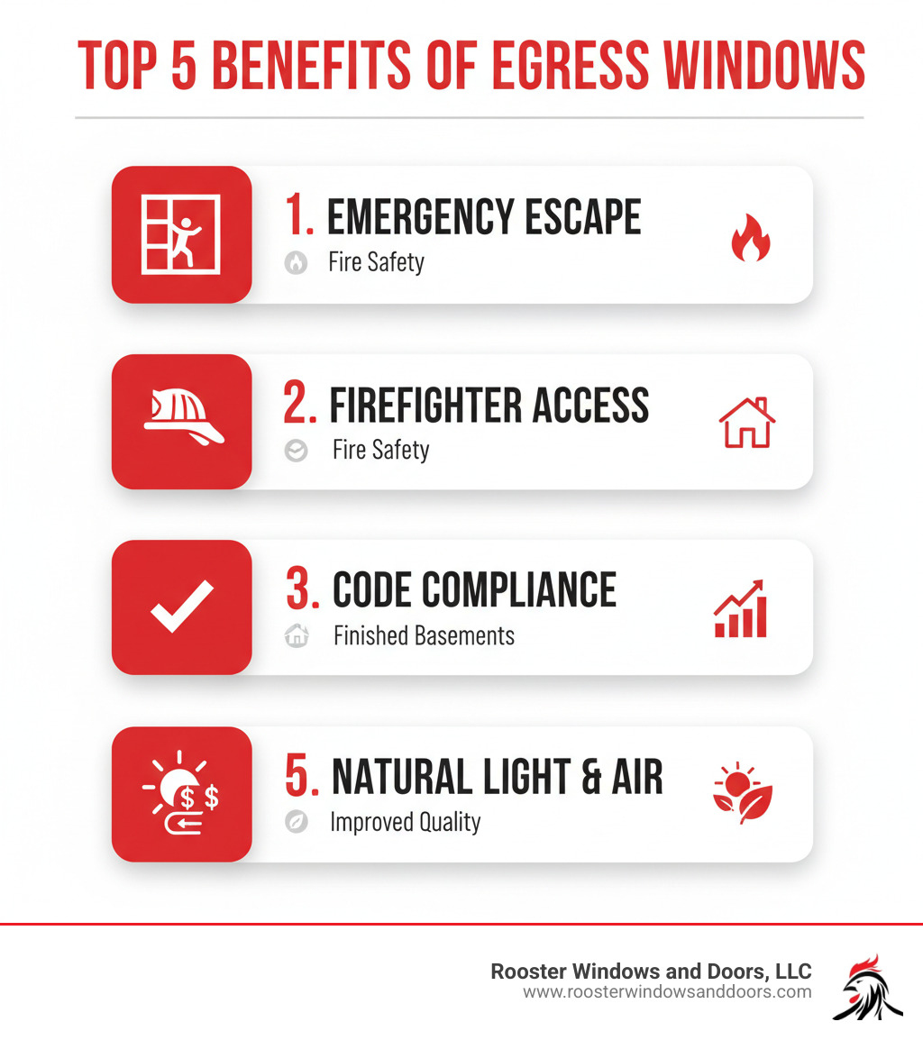 Infographic showing the top 5 benefits of installing an egress window: 1. Emergency escape route for fire safety with icon of person exiting window, 2. Firefighter access point with firefighter icon, 3. Code compliance for finished basements with checkmark icon, 4. 70% return on investment with dollar sign icon, 5. Natural light and improved air quality with sun and air flow icons - egress window installation companies infographic 
