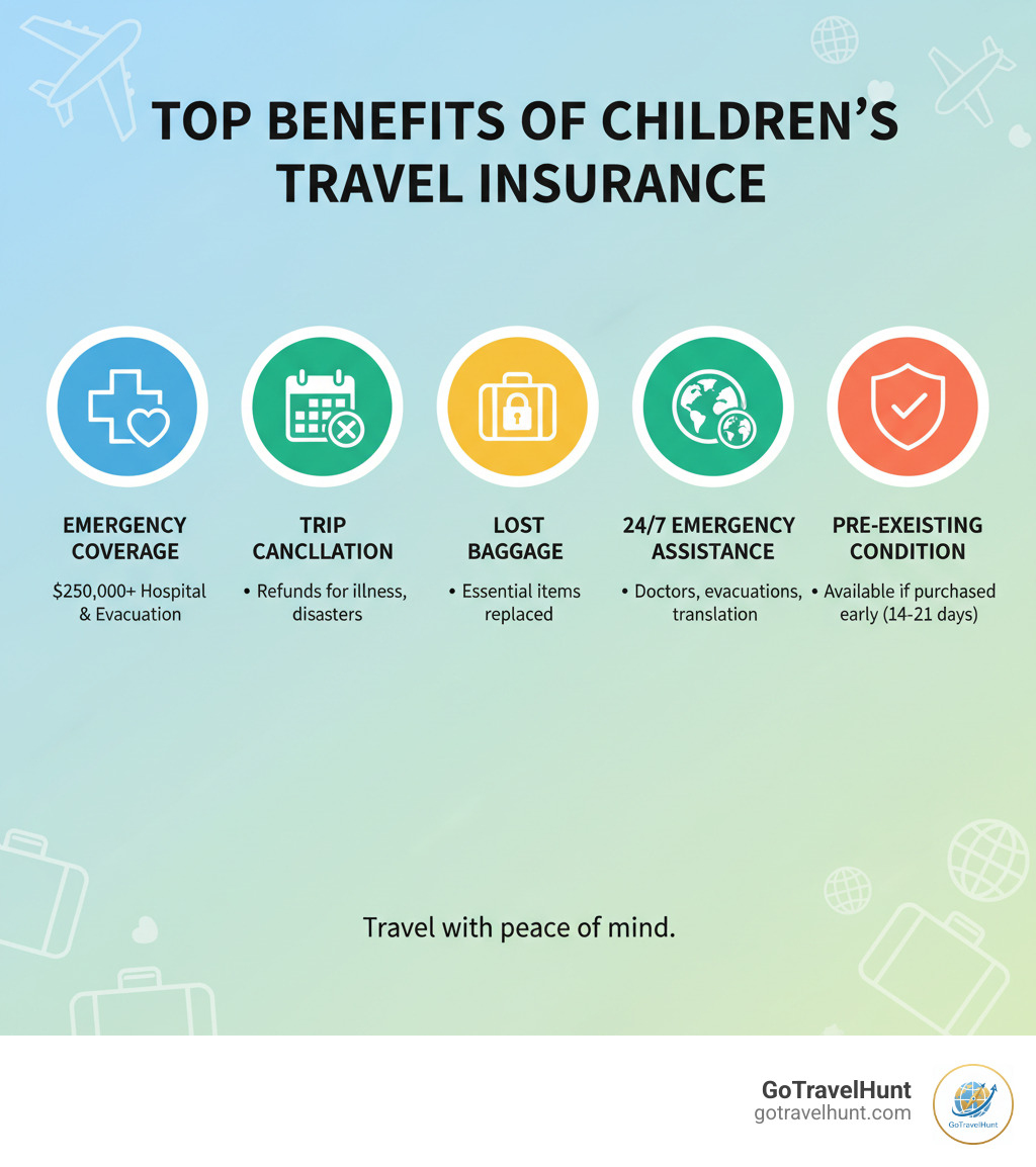 Infographic showing the top benefits of travel insurance for children: Emergency Medical Coverage up to $250,000+ covering hospital treatment and medical evacuation; Trip Cancellation Protection reimbursing non-refundable costs if you must cancel for covered reasons like illness or natural disasters; Lost Baggage Coverage replacing essential items if luggage is delayed or stolen; 24/7 Emergency Assistance providing support with finding doctors, arranging evacuations, and language translation; and Pre-existing Condition Coverage available with many plans if purchased within 14-21 days of booking - travel insurance for children infographic  Infographic showing the top benefits of travel insurance for children: Emergency Medical Coverage up to $250,000+ covering hospital treatment and medical evacuation; Trip Cancellation Protection reimbursing non-refundable costs if you must cancel for covered reasons like illness or natural disasters; Lost Baggage Coverage replacing essential items if luggage is delayed or stolen; 24/7 Emergency Assistance providing support with finding doctors, arranging evacuations, and language translation; and Pre-existing Condition Coverage available with many plans if purchased within 14-21 days of booking - travel insurance for children infographic