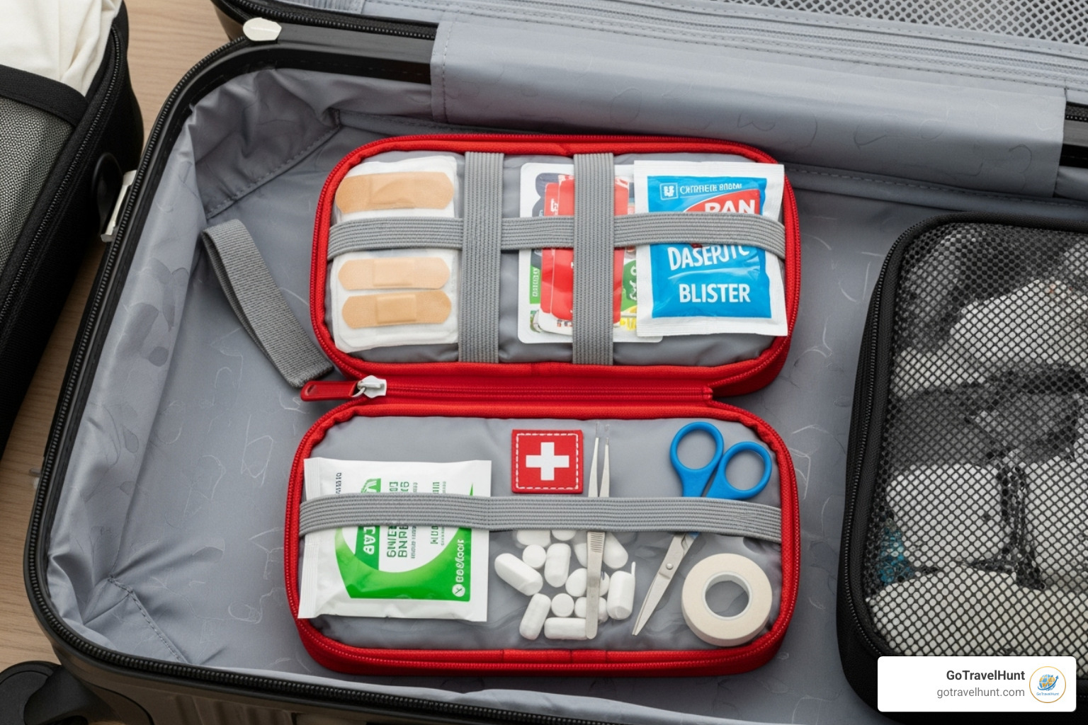A travel first-aid kit packed in a suitcase - travel insurance for children A travel first-aid kit packed in a suitcase - travel insurance for children