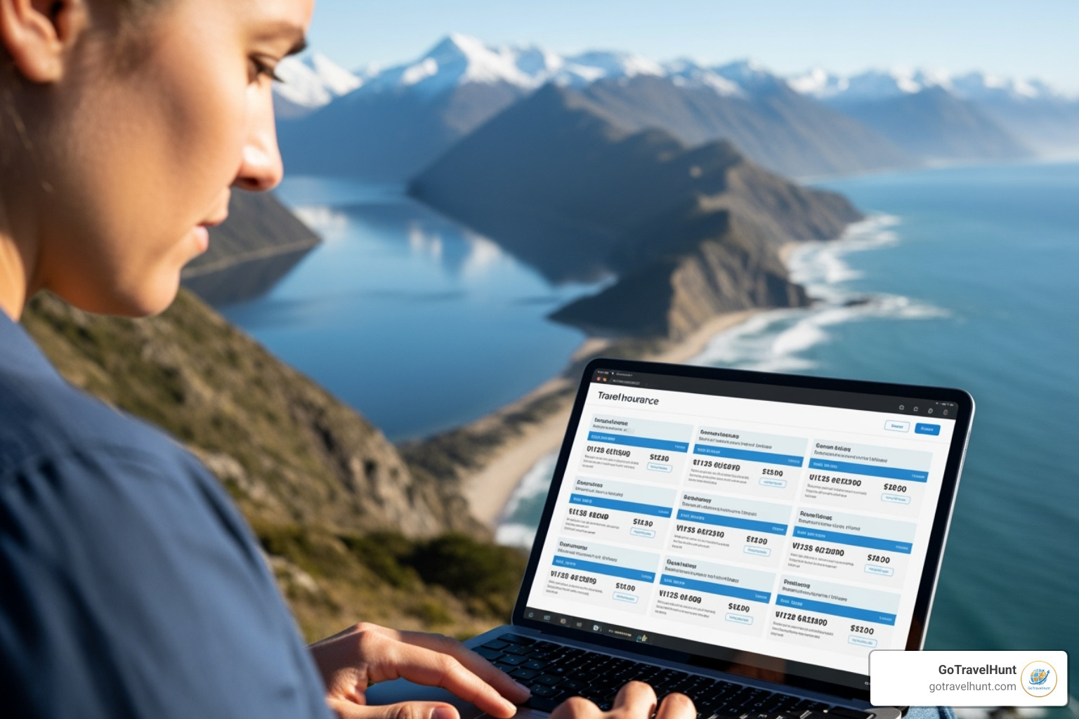 Person comparing insurance quotes online with a scenic travel background - one way travel insurance  Person comparing insurance quotes online with a scenic travel background - one way travel insurance
