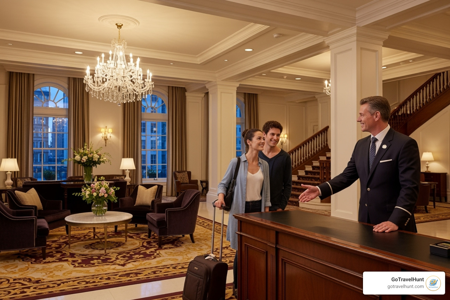A hotel concierge warmly greeting guests in a luxury hotel lobby, with a sophisticated and inviting atmosphere - travel and tourism courses A hotel concierge warmly greeting guests in a luxury hotel lobby, with a sophisticated and inviting atmosphere - travel and tourism courses