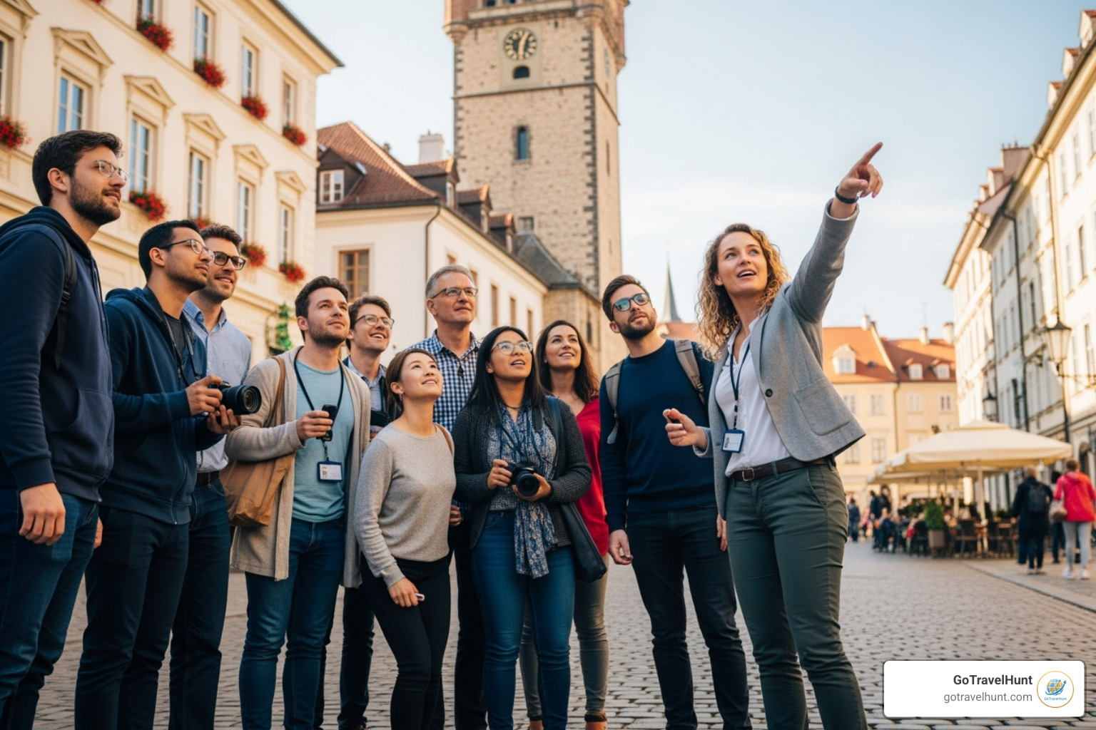 A tour guide leading an excited group through a historic European city, pointing out landmarks and engaging with the travelers - travel and tourism courses A tour guide leading an excited group through a historic European city, pointing out landmarks and engaging with the travelers - travel and tourism courses