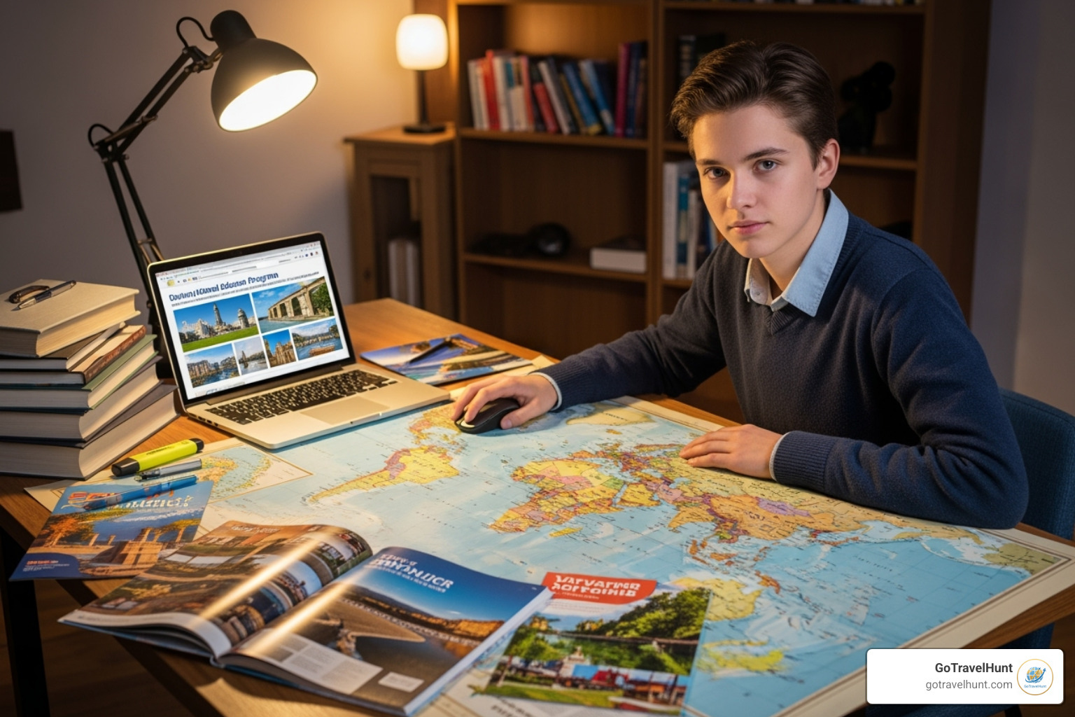 A student looking at a world map and planning a trip, with travel brochures and a laptop open, symbolizing global opportunities in education - travel and tourism courses A student looking at a world map and planning a trip, with travel brochures and a laptop open, symbolizing global opportunities in education - travel and tourism courses