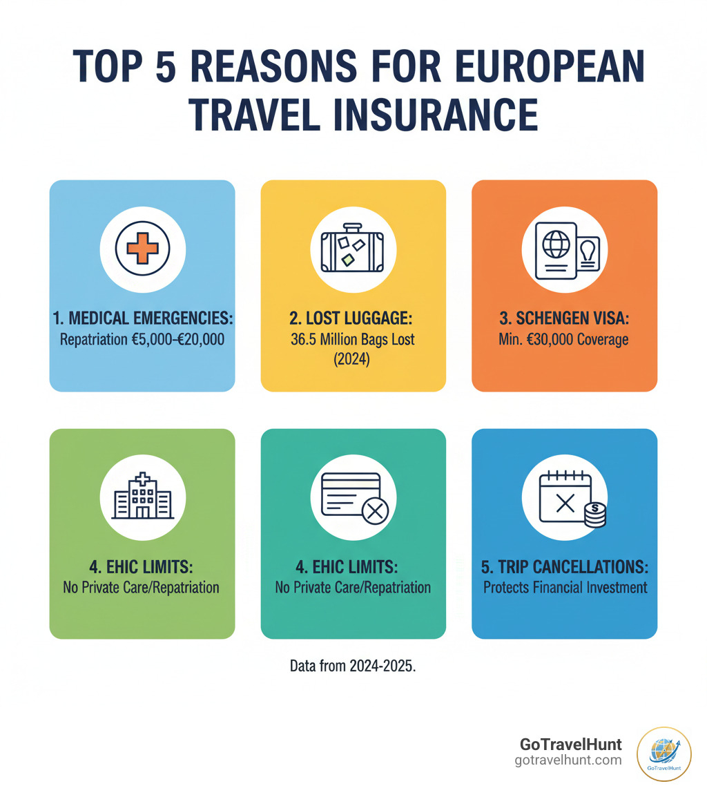 Infographic showing the top 5 reasons to get European travel insurance: 1. Medical emergencies can cost 5,000-20,000 EUR for repatriation alone, 2. 36.5 million bags were lost in 2024, 3. Schengen visa requires minimum 30,000 EUR coverage, 4. EHIC doesn't cover private care or repatriation, 5. Trip cancellations protect your financial investment - european travel insurance infographic  Infographic showing the top 5 reasons to get European travel insurance: 1. Medical emergencies can cost 5,000-20,000 EUR for repatriation alone, 2. 36.5 million bags were lost in 2024, 3. Schengen visa requires minimum 30,000 EUR coverage, 4. EHIC doesn't cover private care or repatriation, 5. Trip cancellations protect your financial investment - european travel insurance infographic