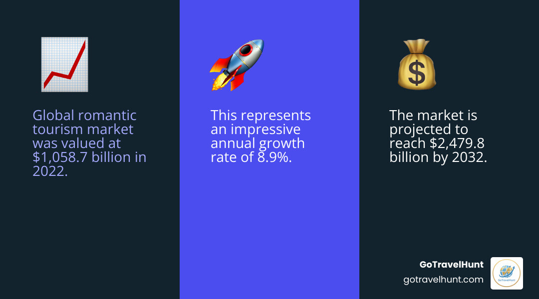 Infographic showing the growth of the global romantic tourism market from $1,058.7 billion in 2022 to a projected $2,479.8 billion by 2032, with beach destinations highlighted as the most popular choice for couples seeking romantic getaways - romantic beach getaways infographic 3_facts_emoji_blue Infographic showing the growth of the global romantic tourism market from $1,058.7 billion in 2022 to a projected $2,479.8 billion by 2032, with beach destinations highlighted as the most popular choice for couples seeking romantic getaways - romantic beach getaways infographic 3_facts_emoji_blue