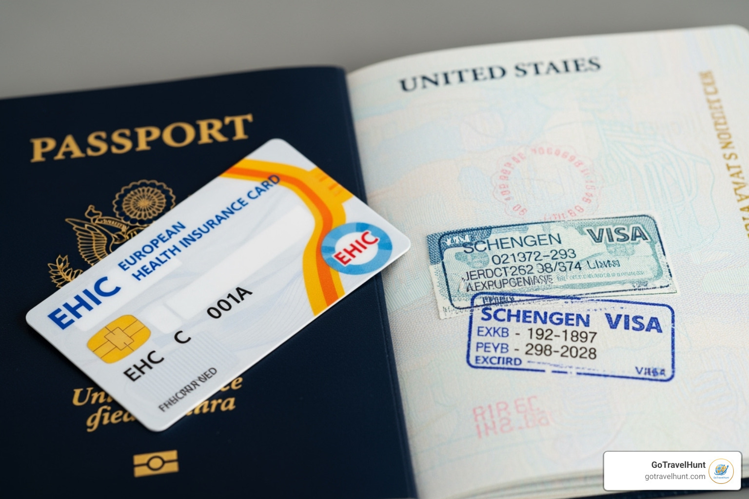 European Health Insurance Card next to a Schengen visa stamp in a passport - european travel insurance European Health Insurance Card next to a Schengen visa stamp in a passport - european travel insurance