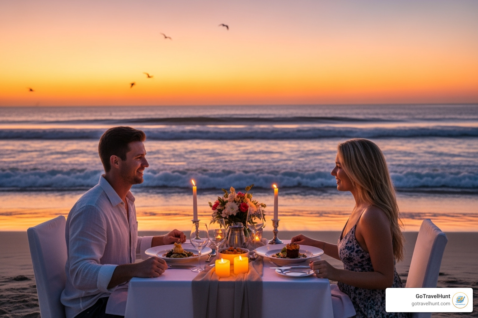 couple enjoying candlelit dinner on beach - romantic beach getaways couple enjoying candlelit dinner on beach - romantic beach getaways