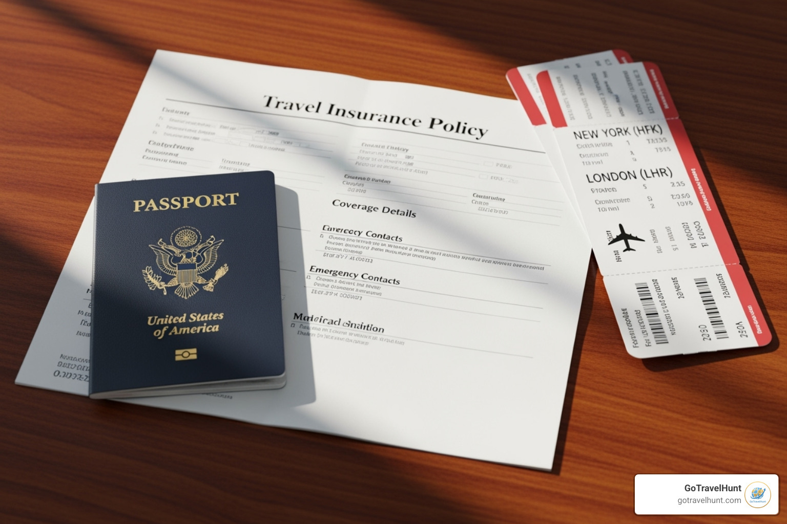Travel insurance policy document next to a passport and plane tickets - european travel insurance Travel insurance policy document next to a passport and plane tickets - european travel insurance