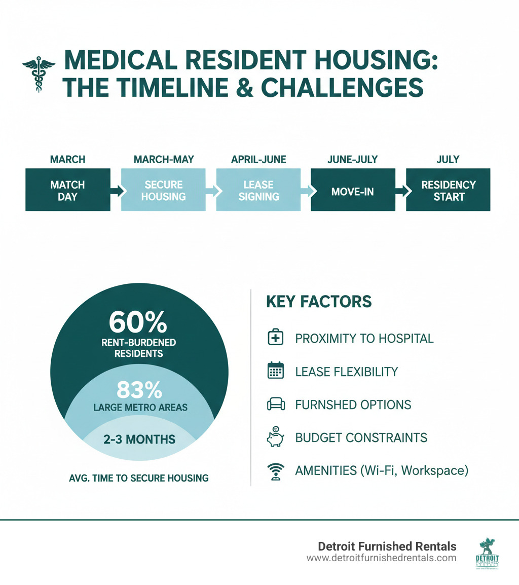 Infographic showing medical resident housing timeline and key milestones: Match Day (March), Secure Housing (March-May), Lease Signing (April-June), Move-In (June-July), Residency Start (July). Includes statistics: 60% of residents are rent-burdened, 83% in large metro areas face housing affordability challenges, and average time to secure housing is 2-3 months. Key factors shown: proximity to hospital, lease flexibility, furnished options, budget constraints, and amenities like Wi-Fi and workspace. - Medical resident housing infographic 